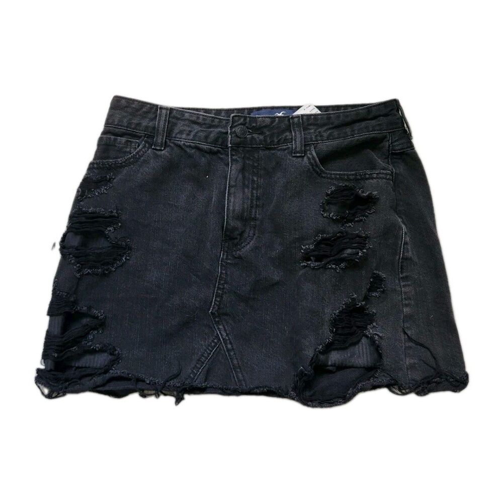 American Eagle Black Denim Mini Skirt Womens Sz 7/28 Distressed High Rise EUC